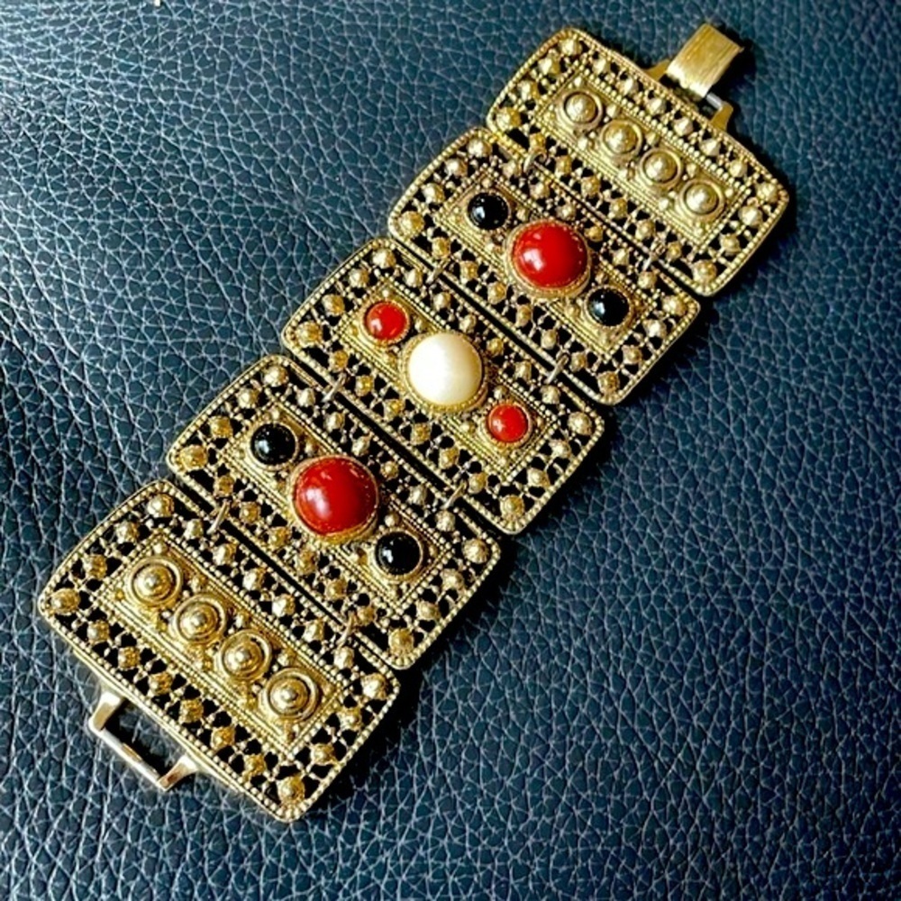Cuff Bracelet Interlinked Panels Gold Tone Faux Stone Bohemian RetroVintage Vibe
